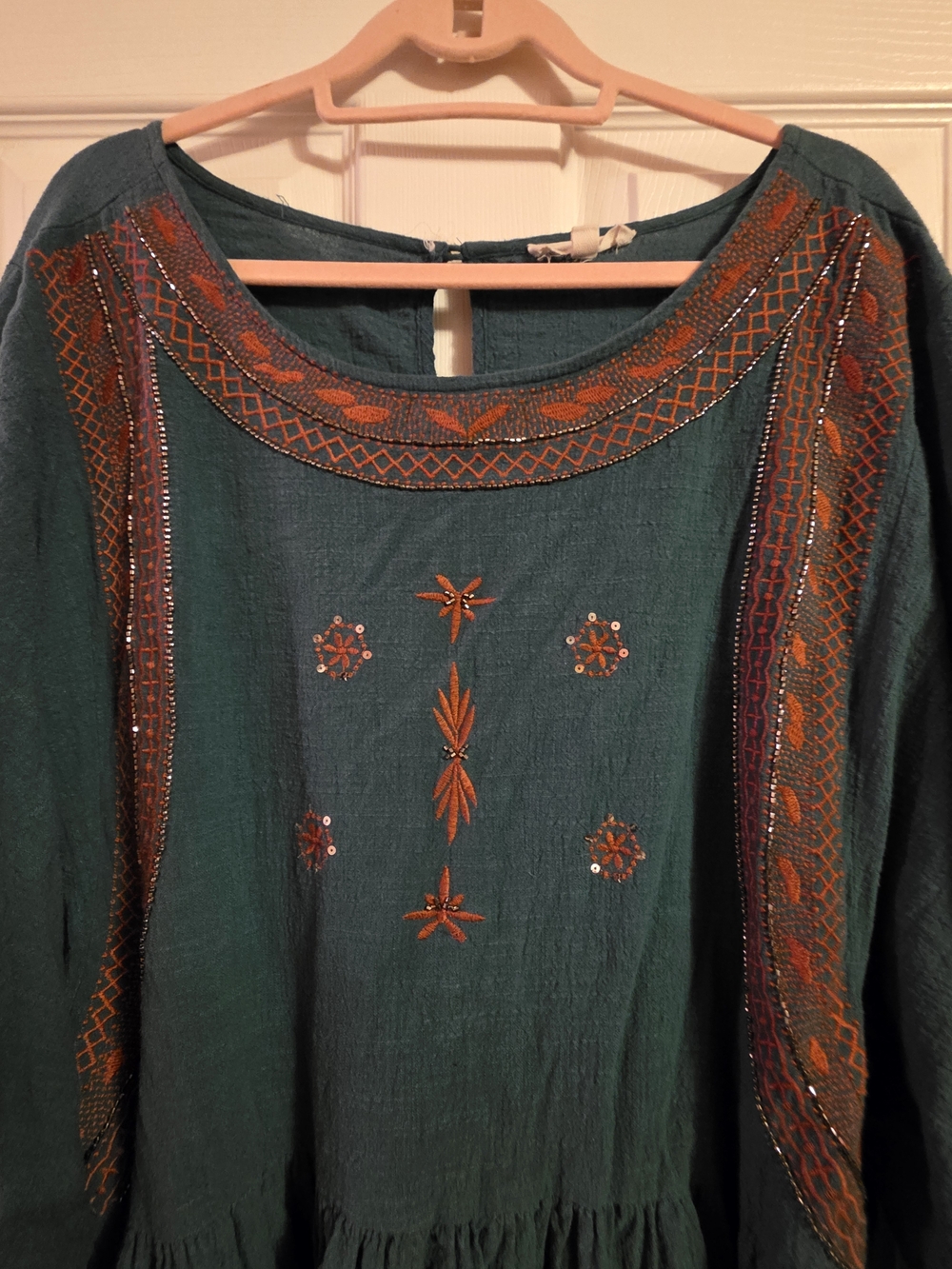 Embroidered Teal Peasant Blouse with Tie Sleeves - Picture 3 of 3